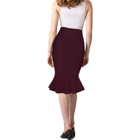 Womens Premium Nylon Ponte Stretch Office Fishtail Pencil Skirt wine