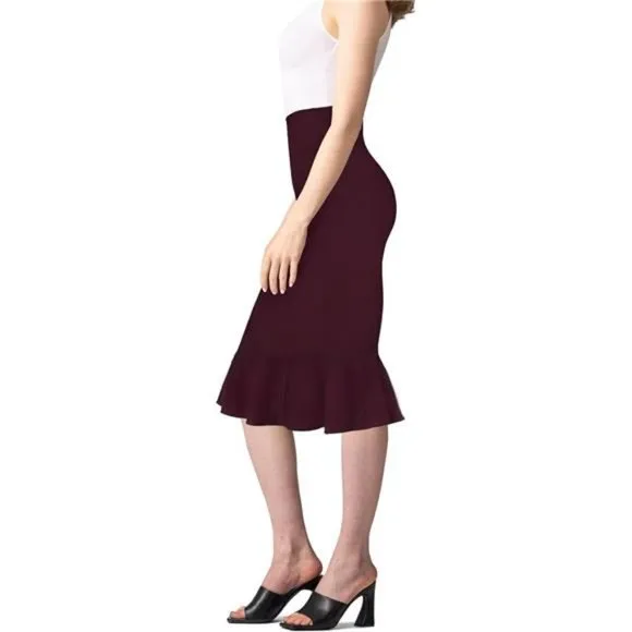 Womens Premium Nylon Ponte Stretch Office Fishtail Pencil Skirt wine