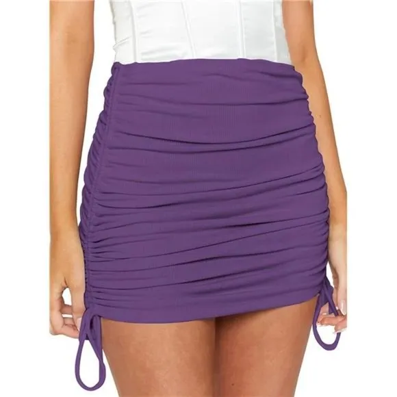 Women's Ribbed Side Drawstring Ruched Stretchy Skirt Dark Purple