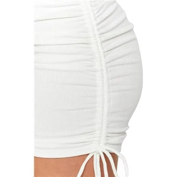 Women's Ribbed Side Drawstring Ruched Stretchy Skirt White