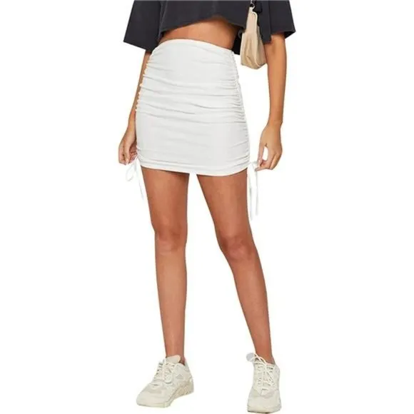 Women's Ribbed Side Drawstring Ruched Stretchy Skirt White