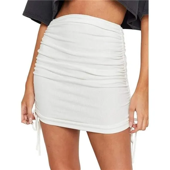 Women's Ribbed Side Drawstring Ruched Stretchy Skirt White
