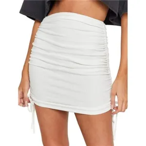 Women's Ribbed Side Drawstring Ruched Stretchy Skirt White