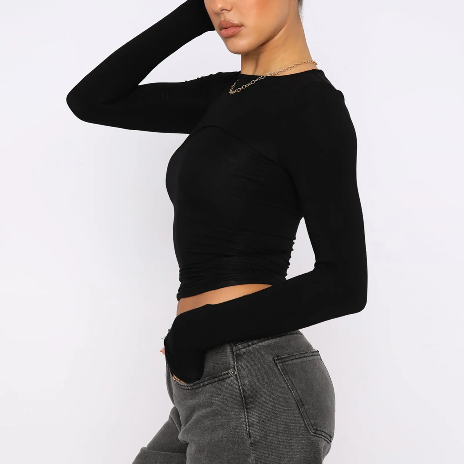 Women's Slim Long-sleeved Tops Casual Fit Solid Pullovers Shirts