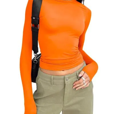 Women's Slim Long-sleeved Tops Casual Fit Solid Pullovers Shirts