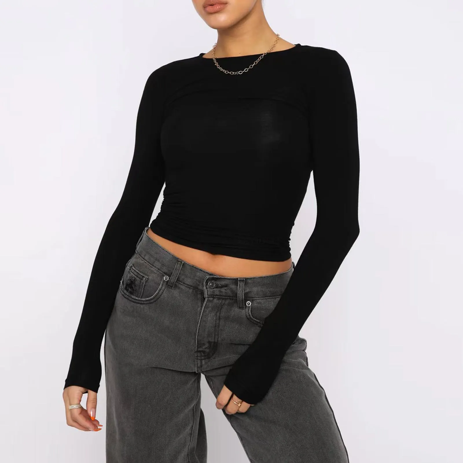 Women's Slim Long-sleeved Tops Casual Fit Solid Pullovers Shirts