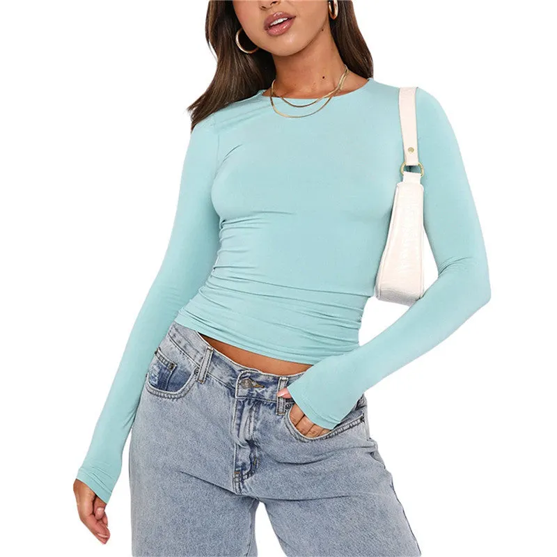 Women's Slim Long-sleeved Tops Casual Fit Solid Pullovers Shirts