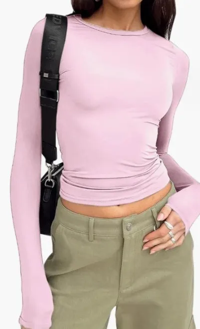 Women's Slim Long-sleeved Tops Casual Fit Solid Pullovers Shirts
