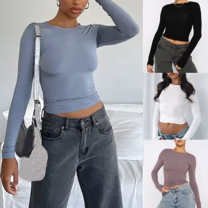 Women's Slim Long-sleeved Tops Casual Fit Solid Pullovers Shirts