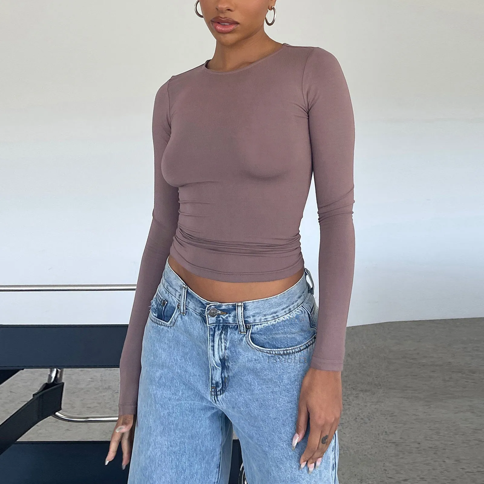 Women's Slim Long-sleeved Tops Casual Fit Solid Pullovers Shirts