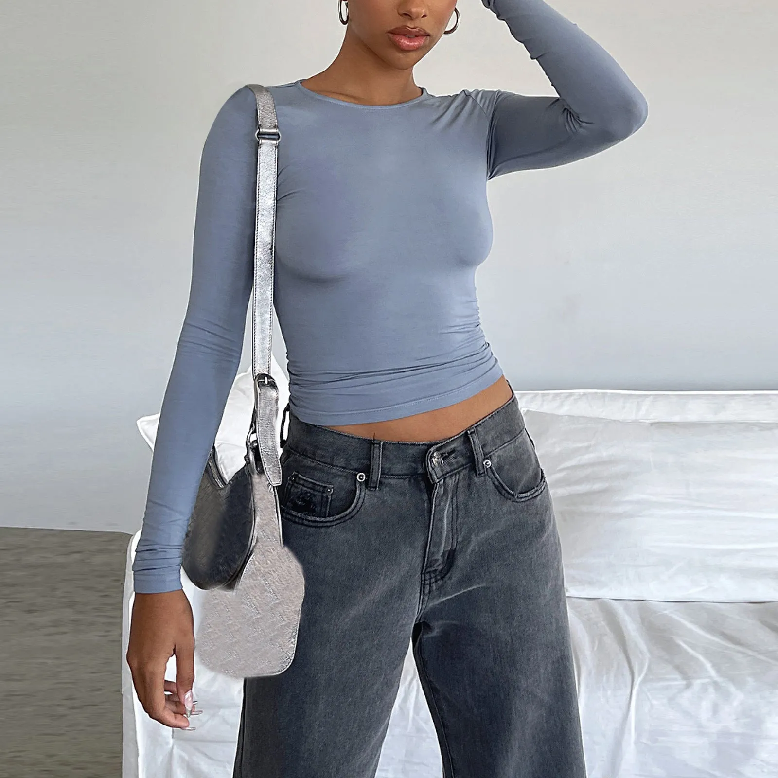 Women's Slim Long-sleeved Tops Casual Fit Solid Pullovers Shirts