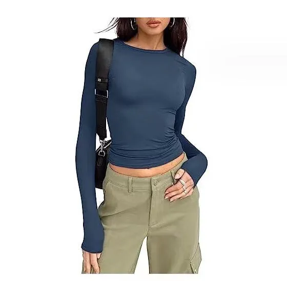 Women's Slim Long-sleeved Tops Casual Fit Solid Pullovers Shirts