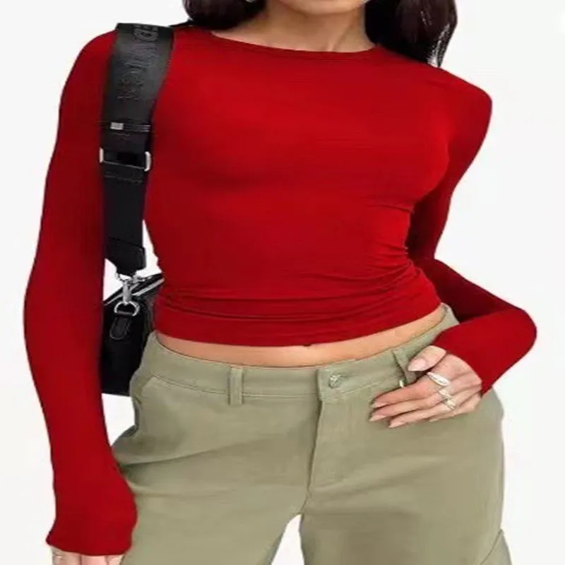 Women's Slim Long-sleeved Tops Casual Fit Solid Pullovers Shirts