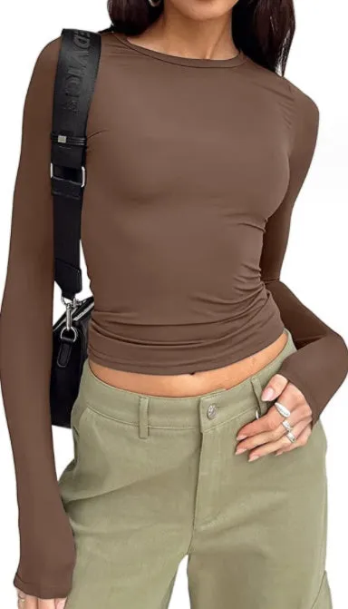 Women's Slim Long-sleeved Tops Casual Fit Solid Pullovers Shirts