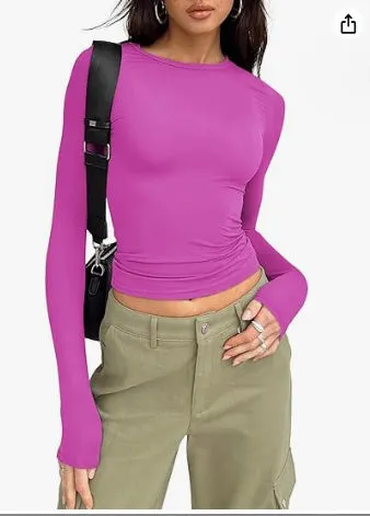 Women's Slim Long-sleeved Tops Casual Fit Solid Pullovers Shirts