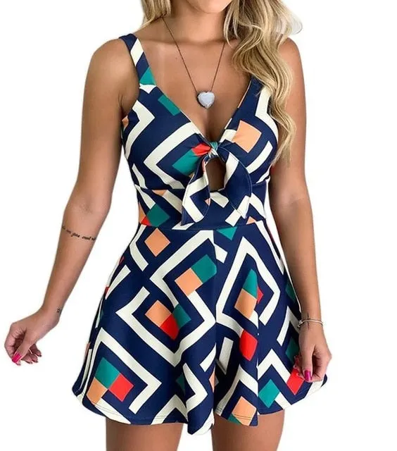 Women's Summer Print Jumpsuit Shorts Casual Loose Short Sleeve V-neck Beach Rompers Sleeveless Bodycon Sexy Party Playsuit