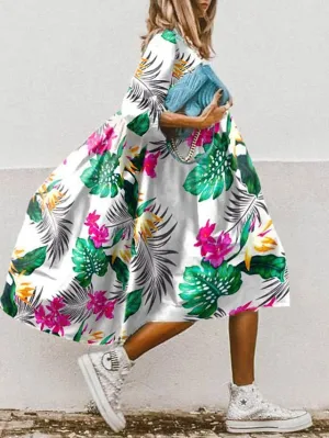 Women's Swing Dress Boho Dress Midi Dress White Yellow Red 3/4 Length Sleeve Floral Ruched Summer Spring Round Neck Boho 2023 S M L XL XXL