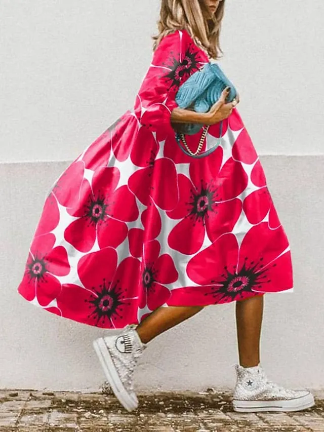 Women's Swing Dress Boho Dress Midi Dress White Yellow Red 3/4 Length Sleeve Floral Ruched Summer Spring Round Neck Boho 2023 S M L XL XXL