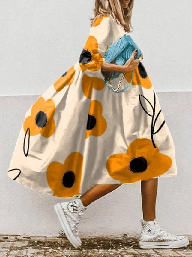 Women's Swing Dress Boho Dress Midi Dress White Yellow Red 3/4 Length Sleeve Floral Ruched Summer Spring Round Neck Boho 2023 S M L XL XXL