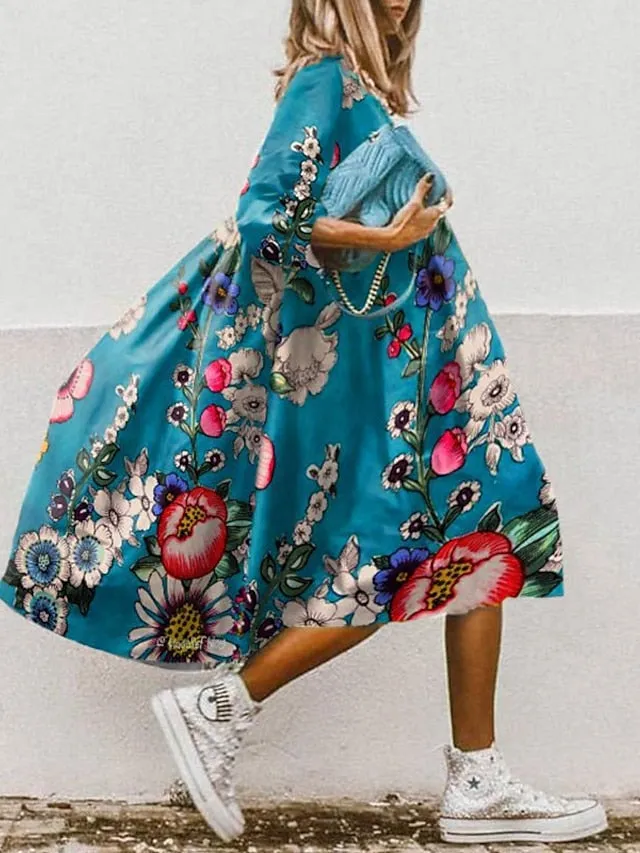 Women's Swing Dress Boho Dress Midi Dress White Yellow Red 3/4 Length Sleeve Floral Ruched Summer Spring Round Neck Boho 2023 S M L XL XXL
