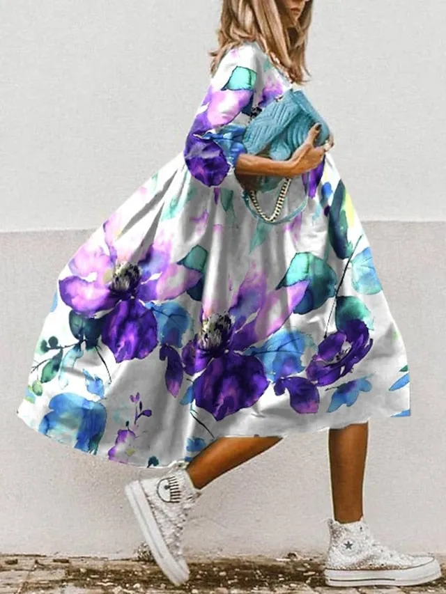 Women's Swing Dress Boho Dress Midi Dress White Yellow Red 3/4 Length Sleeve Floral Ruched Summer Spring Round Neck Boho 2023 S M L XL XXL