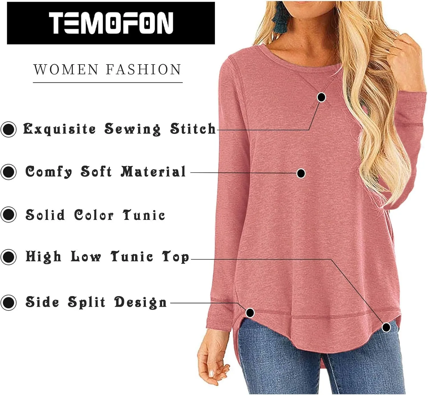 Women'S Tops Long Sleeve Crew Neck Top Casual Loose Soft Blouse Tunic T-Shirts Dark Pink 2XL