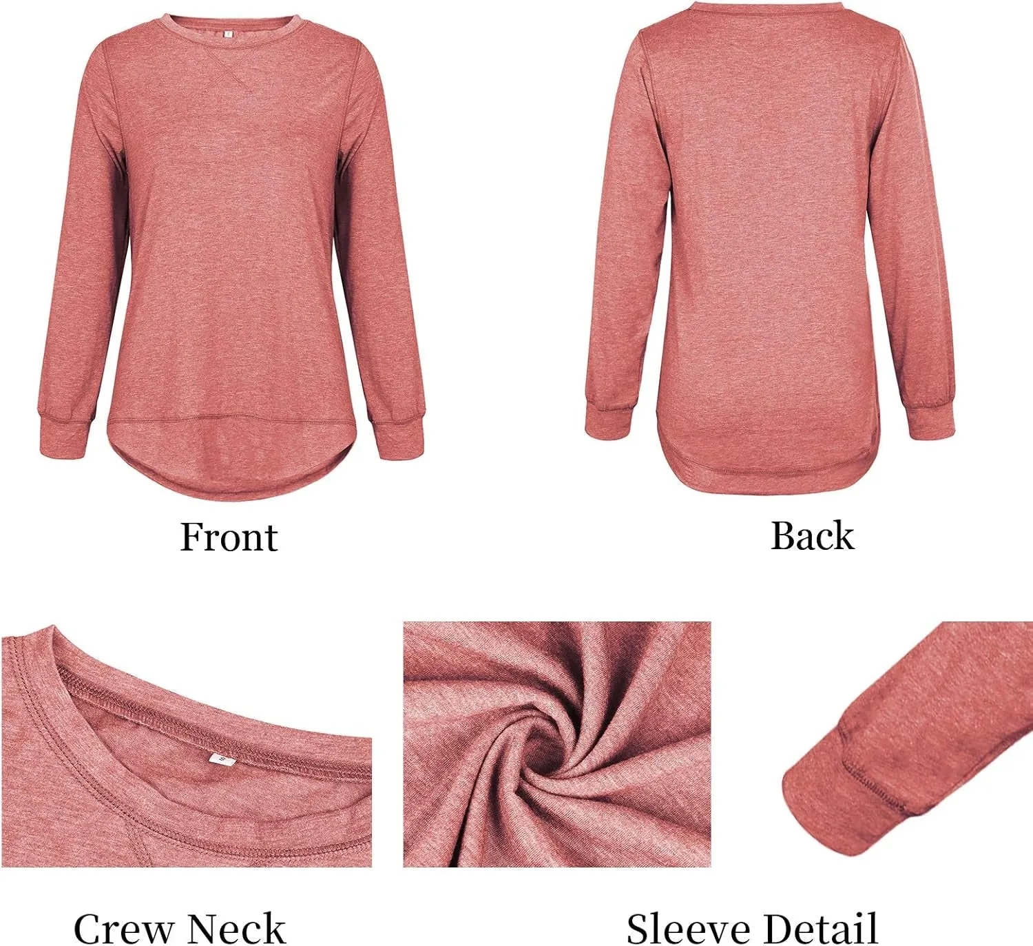 Women'S Tops Long Sleeve Crew Neck Top Casual Loose Soft Blouse Tunic T-Shirts Dark Pink 2XL