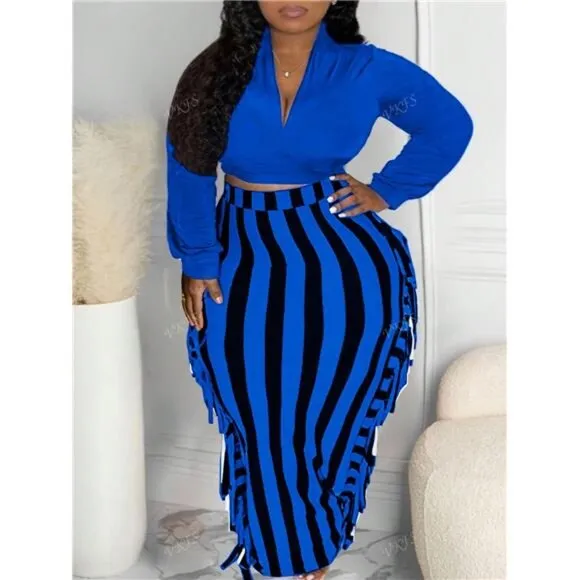Women's V-Neck Long Sleeve T-Shirt &amp; Contrasting Striped Ruffle Hem Skirt Set