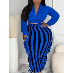 Women's V-Neck Long Sleeve T-Shirt &amp; Contrasting Striped Ruffle Hem Skirt Set