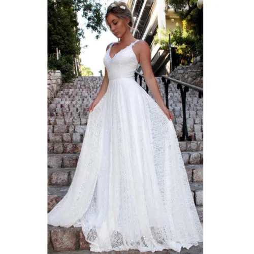 Womens White Summer Bride Backless Solid Sling Sexy Formal Sleeveless Lace Bodycon Slim Long Maxi Dress Wedding Party Dress