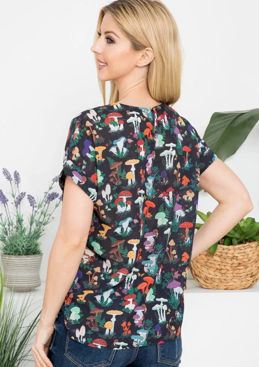 Woodsy Mushroom Print Short Sleeve Top