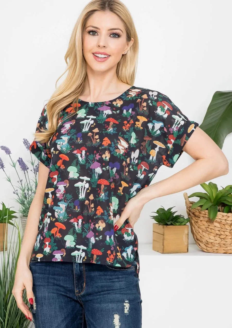 Woodsy Mushroom Print Short Sleeve Top
