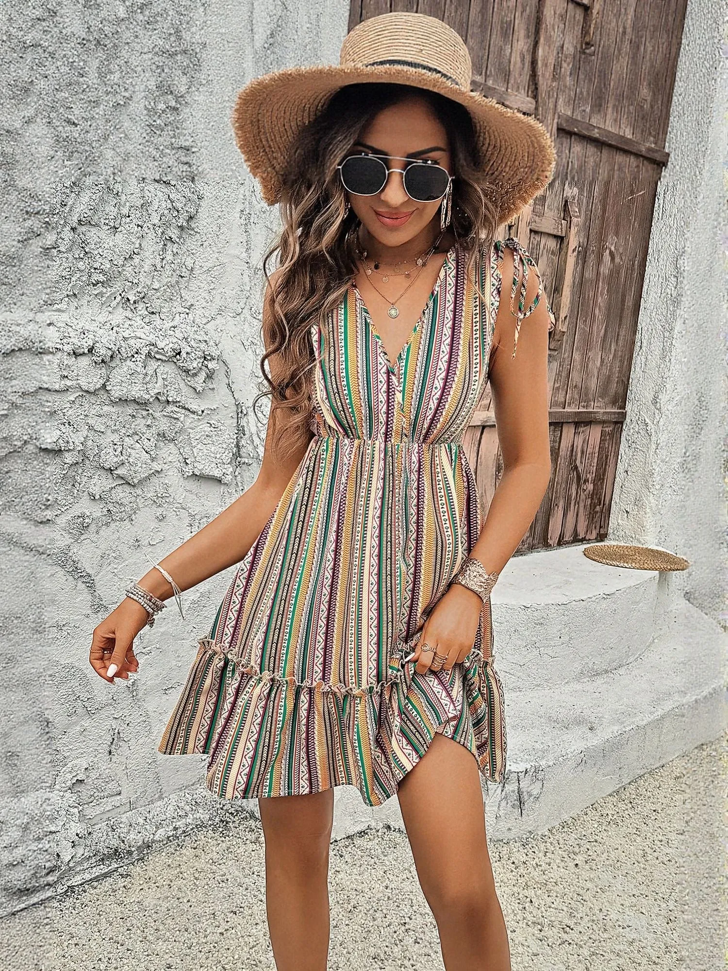 Yellow Fit And Flare Mini Dress With Ruffle At Hem