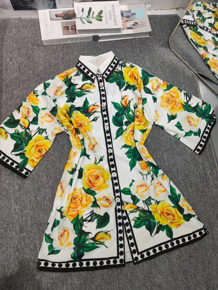 Yellow Rose Printed Single-breasted Shirt Bat Sleeve