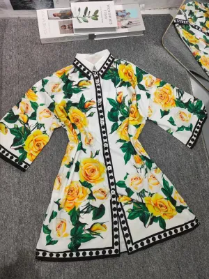 Yellow Rose Printed Single-breasted Shirt Bat Sleeve