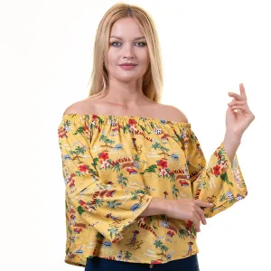 Yellow With Village Texture Long Sleeve Off the Shoulder Blouse for Women - Going Out Tops for