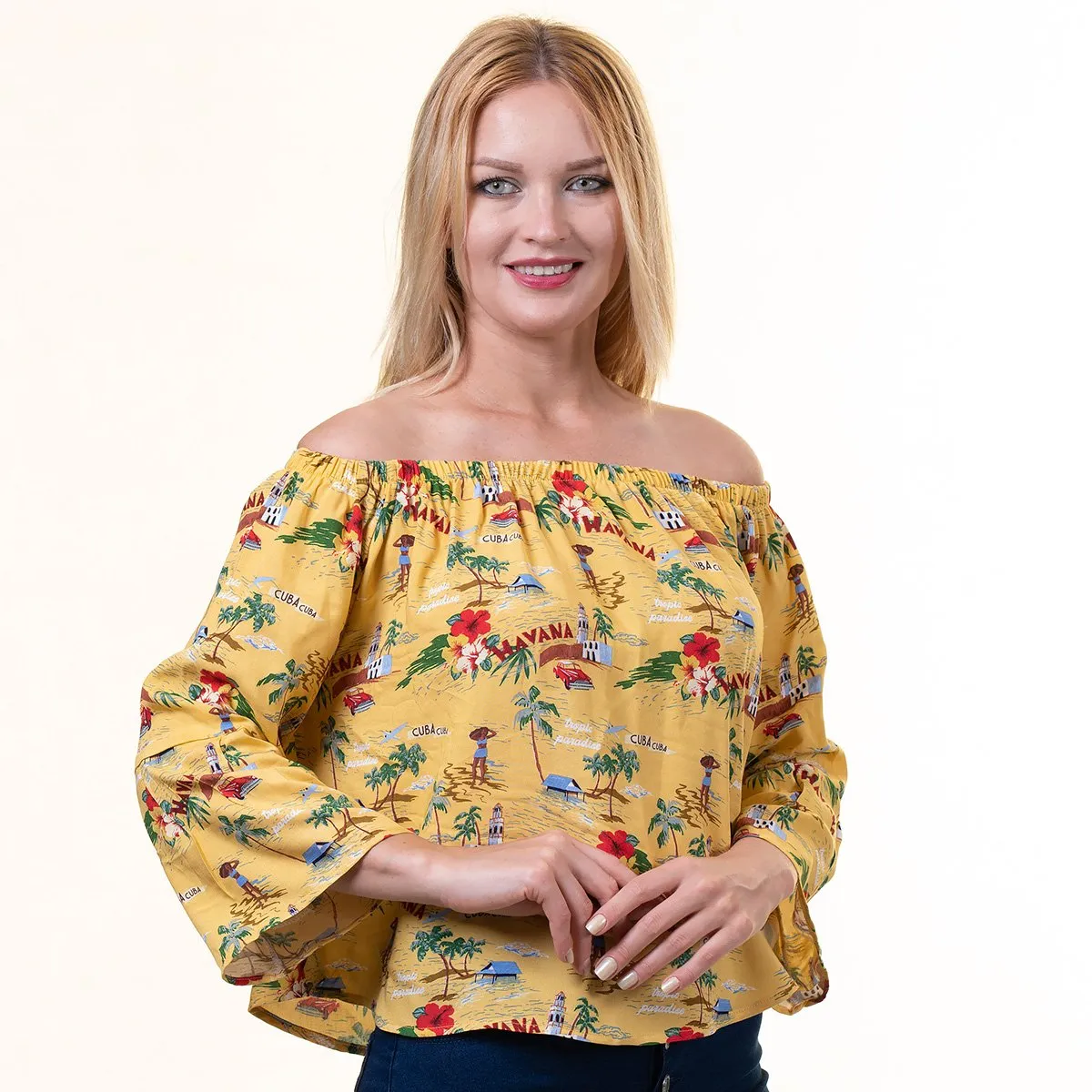 Yellow With Village Texture Long Sleeve Off the Shoulder Blouse for Women - Going Out Tops for