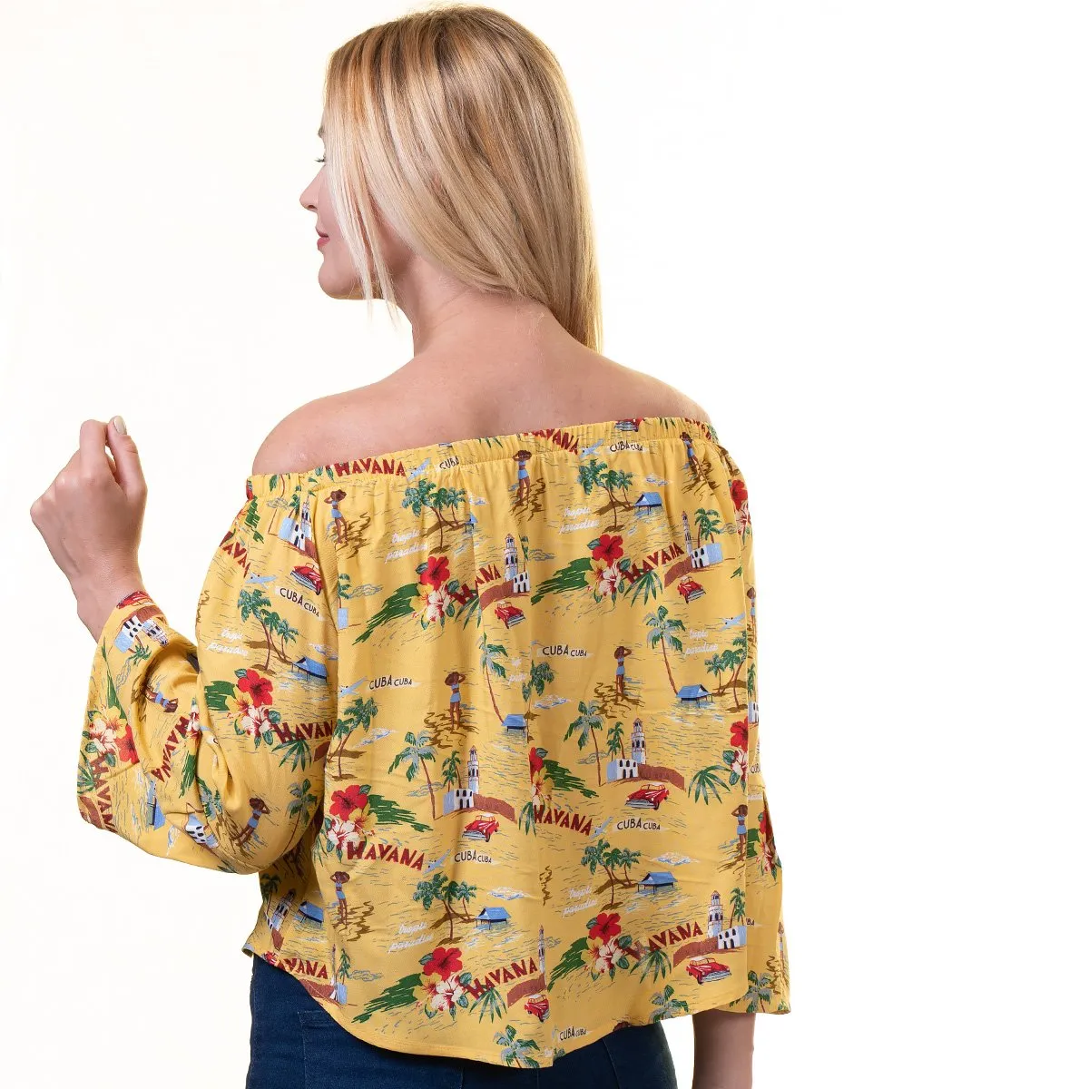 Yellow With Village Texture Long Sleeve Off the Shoulder Blouse for Women - Going Out Tops for