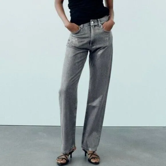 Zara Silver Coated High Waisted Denim Straight Jeans Gray Silver Women's US 2