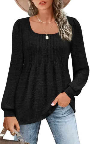 Zwurew Womens Tops Dressy Causal Puff Long Sleeve Pleated Tunic Shirts Scoop Neck Flowy Fashion Blouses Black XL