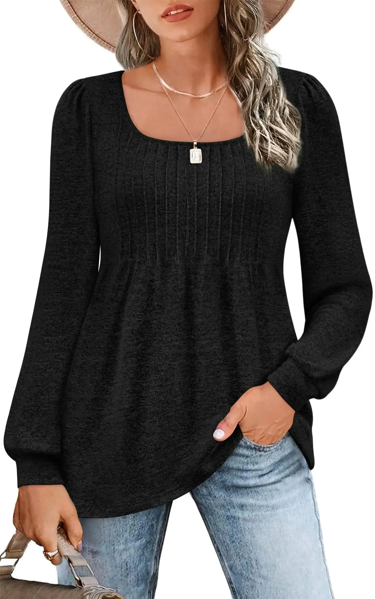 Zwurew Womens Tops Dressy Causal Puff Long Sleeve Pleated Tunic Shirts Scoop Neck Flowy Fashion Blouses Black XL